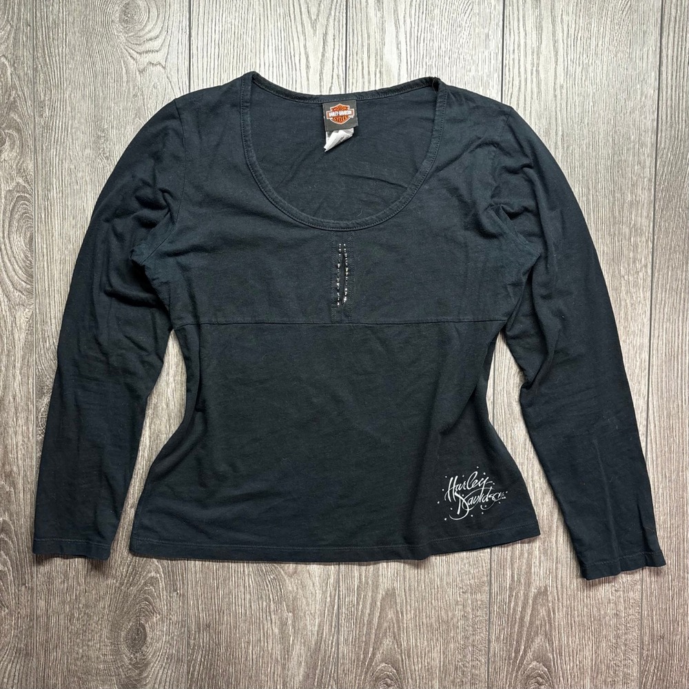 Harley-Davidson Womens Black Y2K Long Sleeve Rhinestone Graphic Top XL